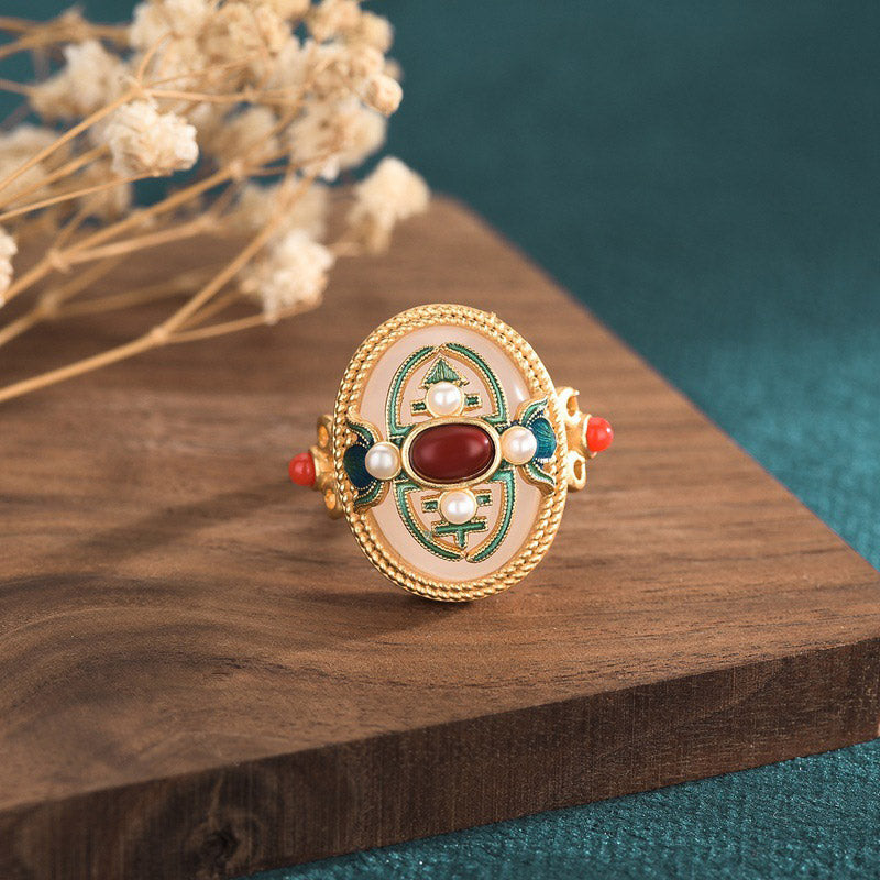 Adjustable White Jade and Red Agate Luck Ring for Protection