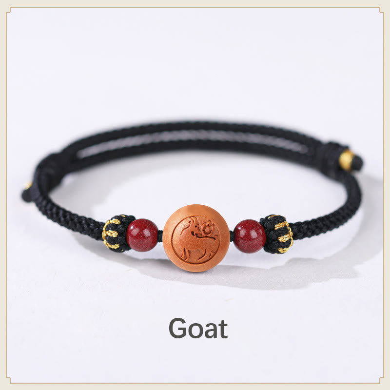 Natural Peach Wood Chinese Zodiac Fu Cinnabar Wealth Bracelet