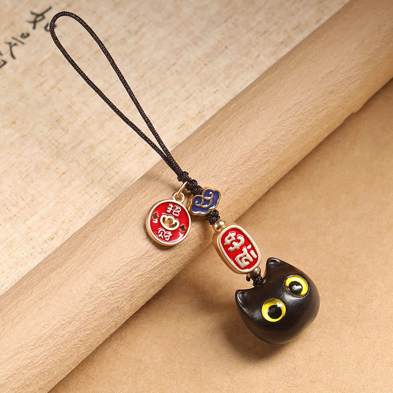 Ebony Wood Lucky Cat Key Chain with Auspicious Cloud Charm
