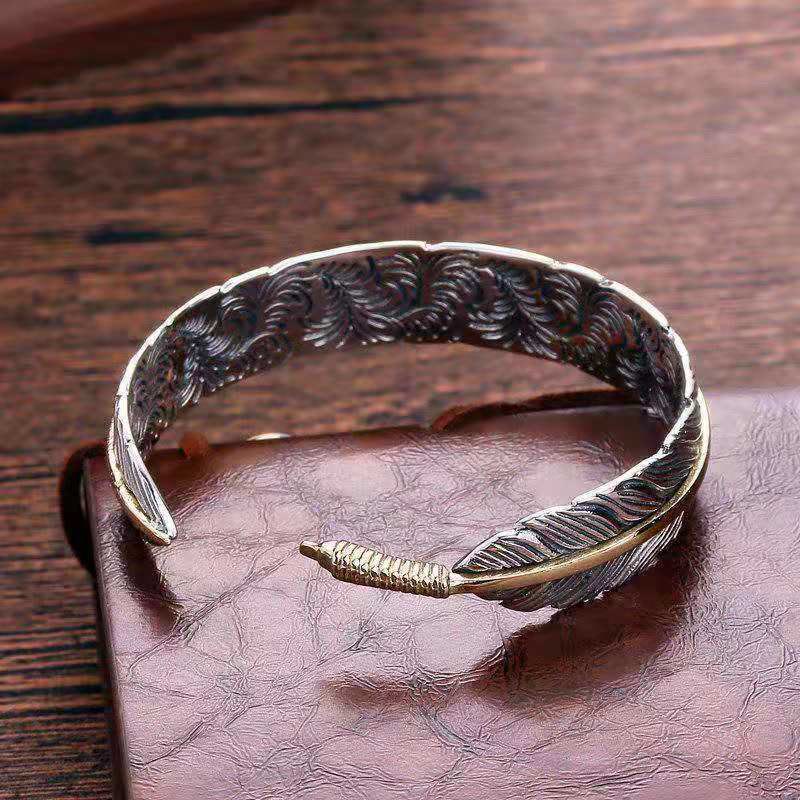 Copper Feather Pattern Carved Luck Wealth Cuff Bracelet