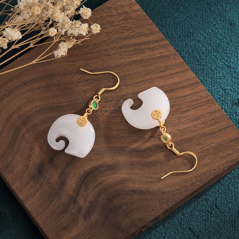 40mm White Jade Elephant Earrings for Fortune & Luck