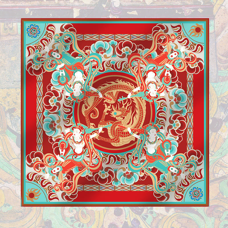100% Mulberry Silk Dunhuang Scarf | Spiritual Shawl 90x90cm