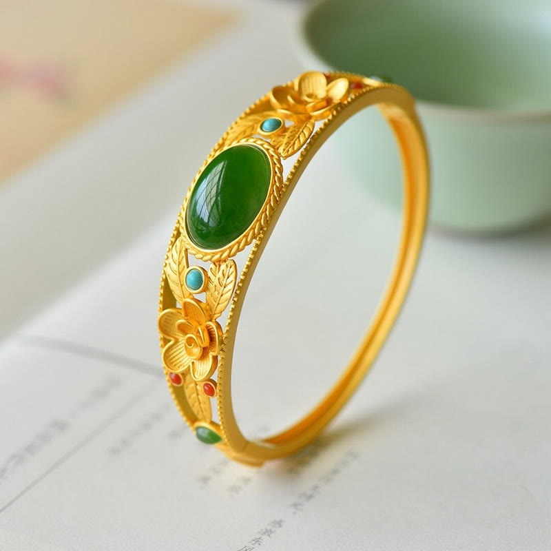 Harmony Luck Jade Bracelet with Flower Leaf Design