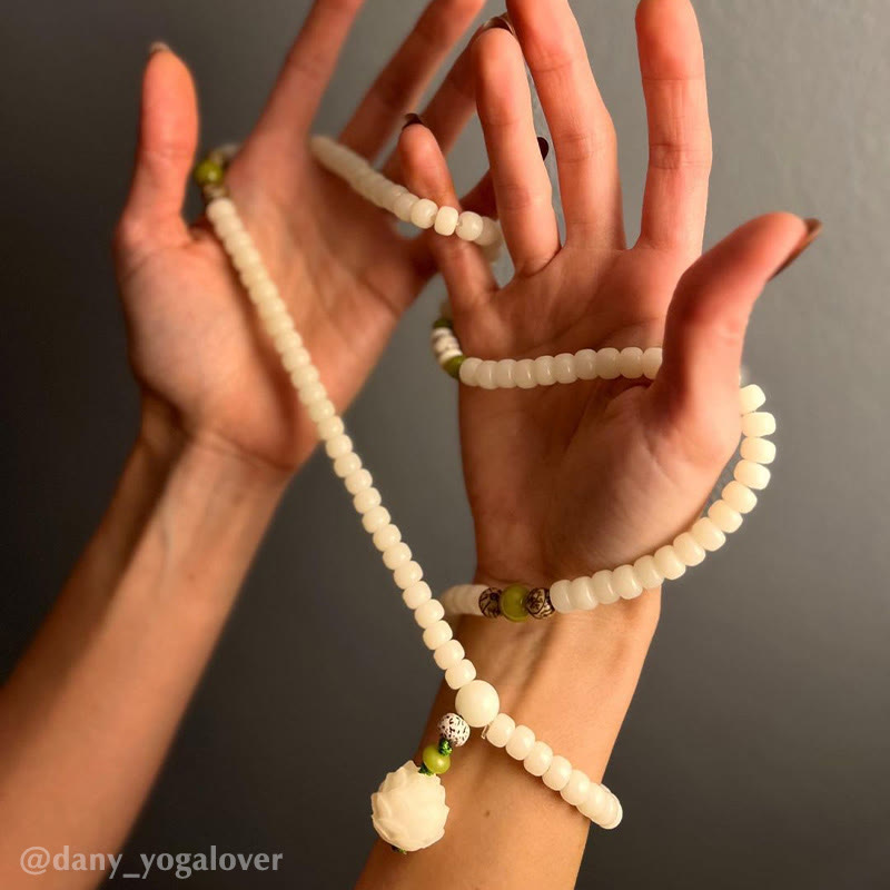 7x9mm White Jade Bodhi Lotus Mala Harmony Bracelet