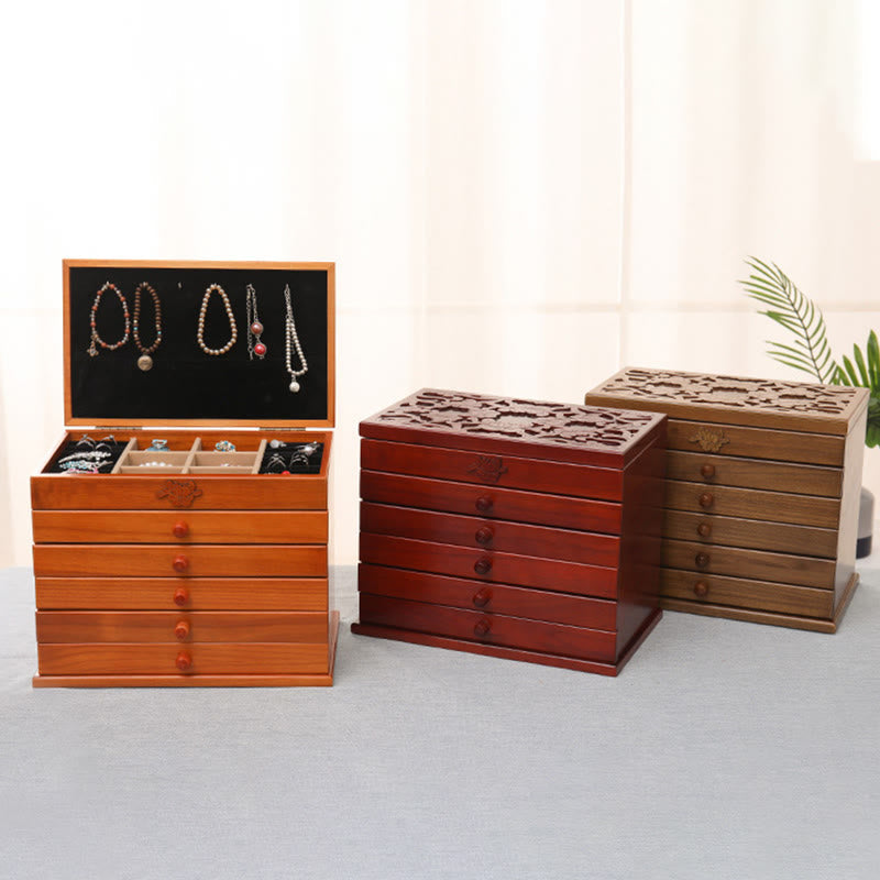 Spacious Six-Layer Vintage Flower Wooden Jewelry Box