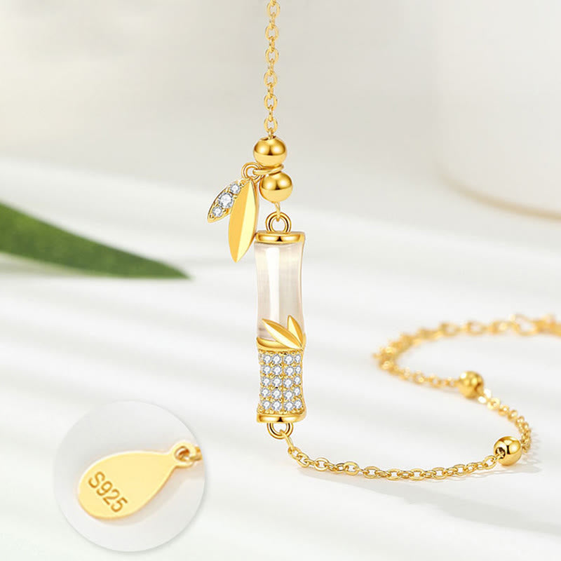 White Jade Protection Bracelet with 18K Gold Plated Silver Bamboo Leaf