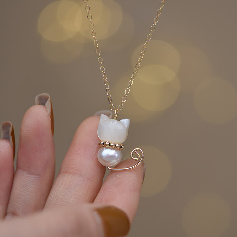 14K Gold Plated Jade Luck Cat Pendant Necklace