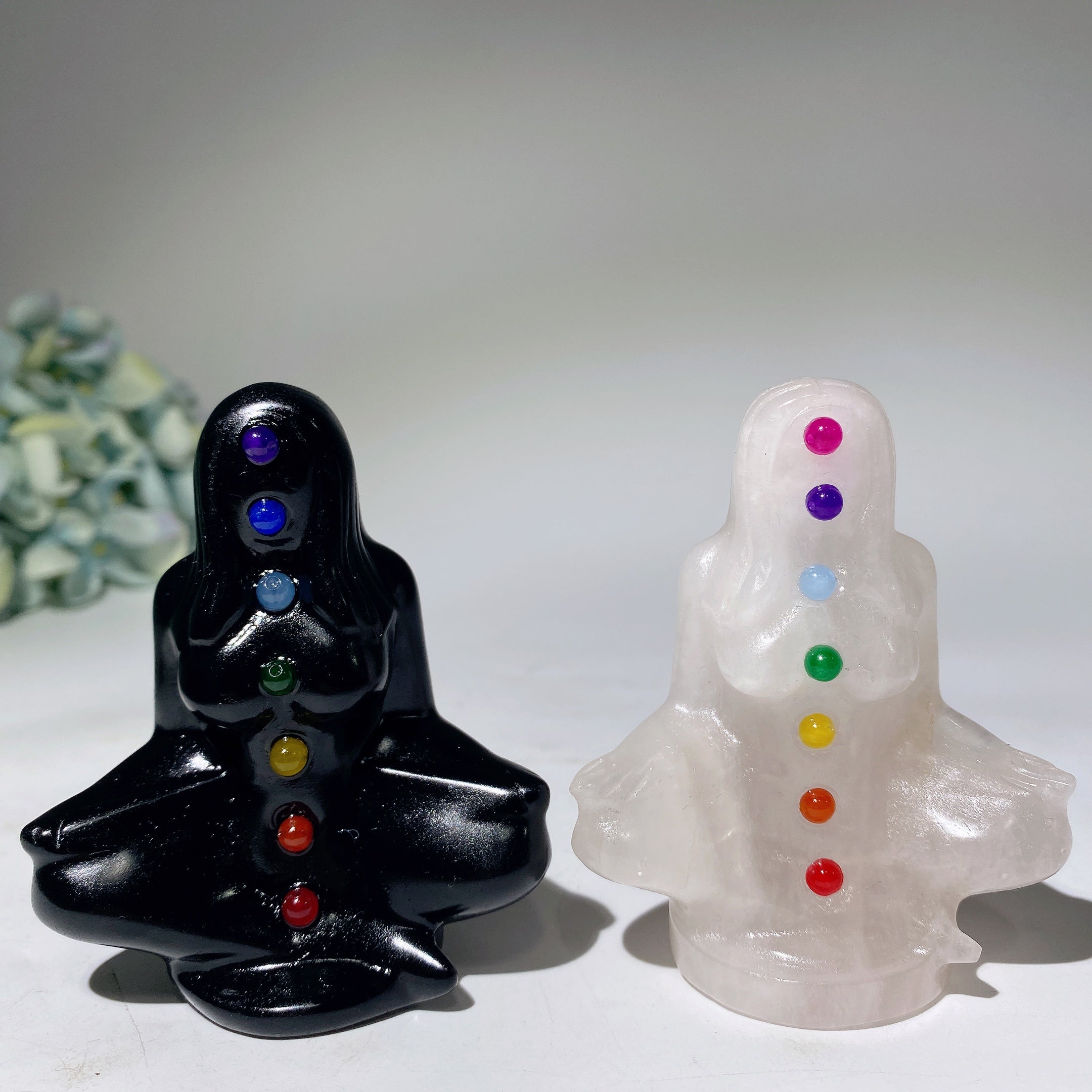 3.1" Black Obsidian Meditation Crystal Figurine with Chakras