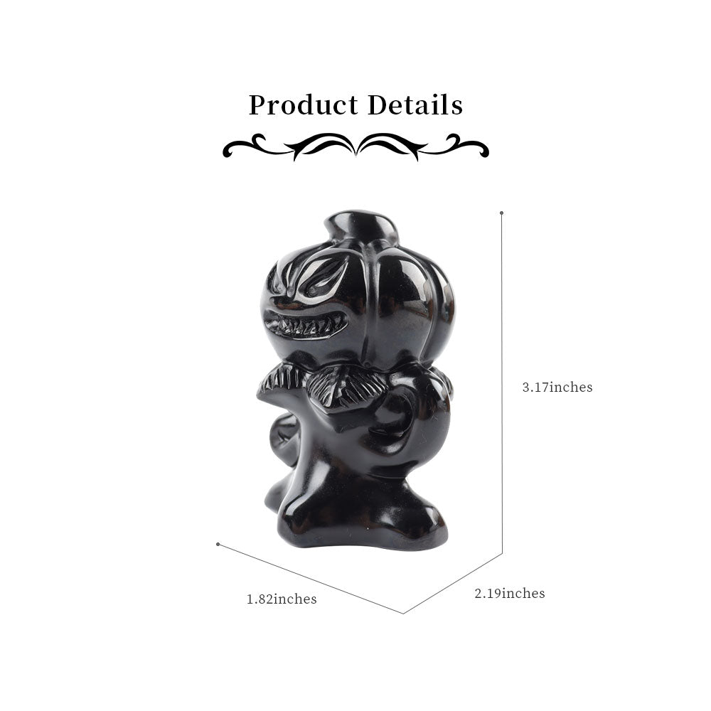 3.15in Black Obsidian Pumpkin Ghost Crystal Figurine