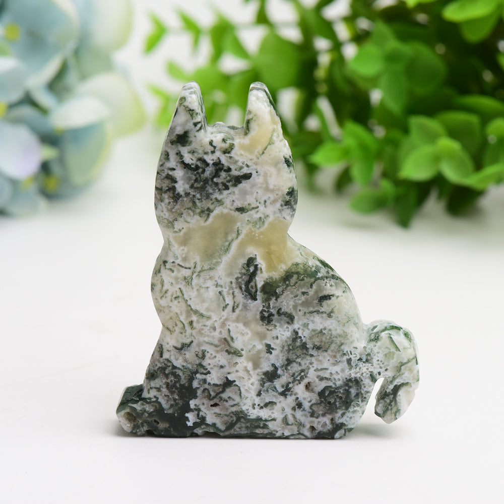 3.2 inch Moss Agate Cat Crystal Carving Figurine