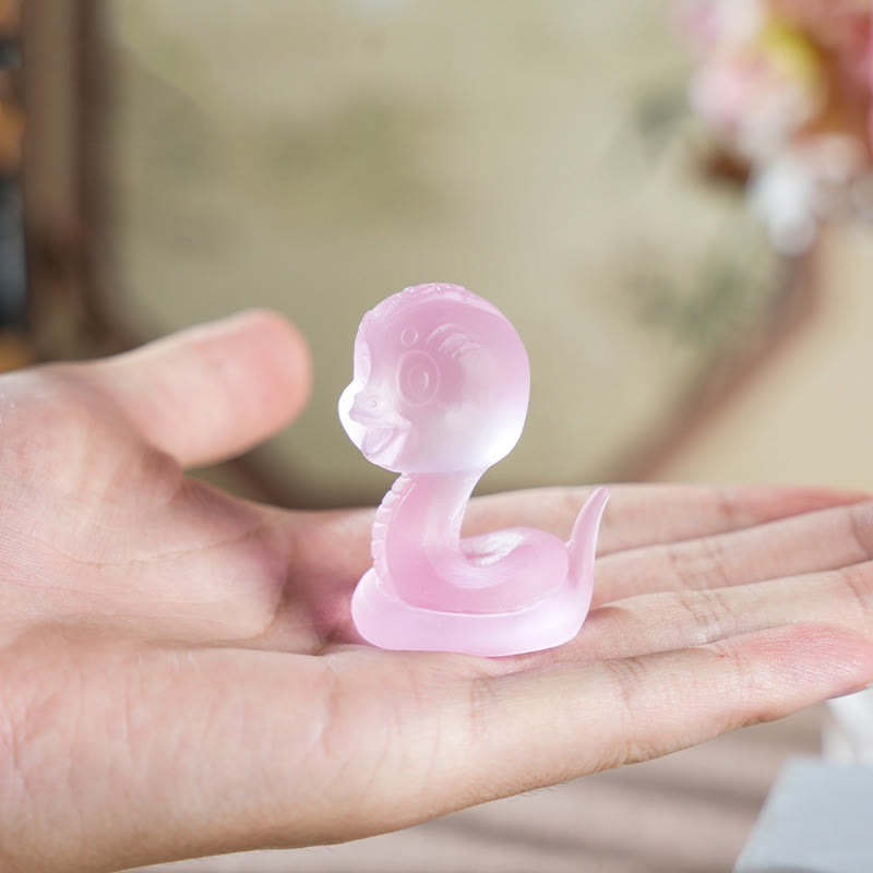 3.2" Pink Liuli Glass Snake Figurine for Spiritual Protection