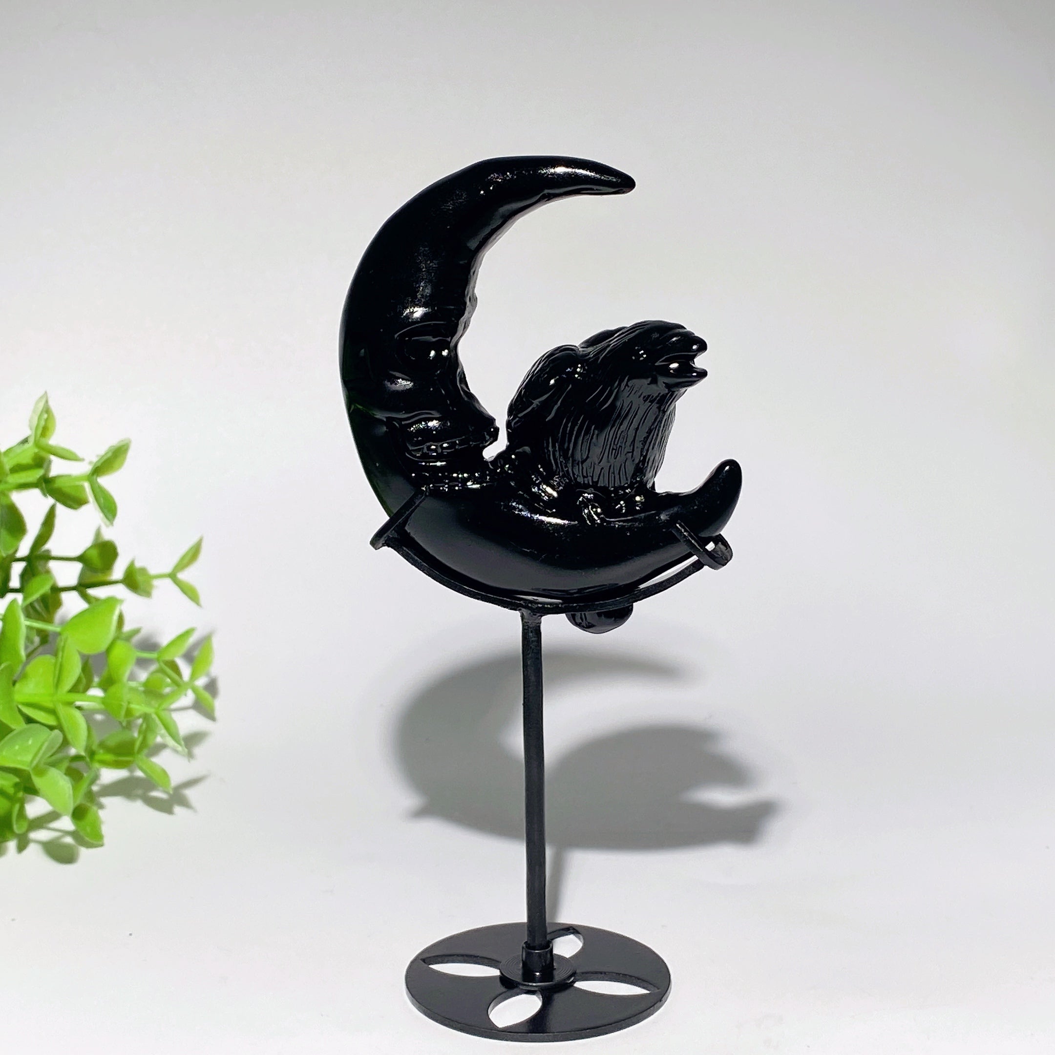 3.3 inch Black Obsidian Moon Face Raven Crystal Figurine with Stand