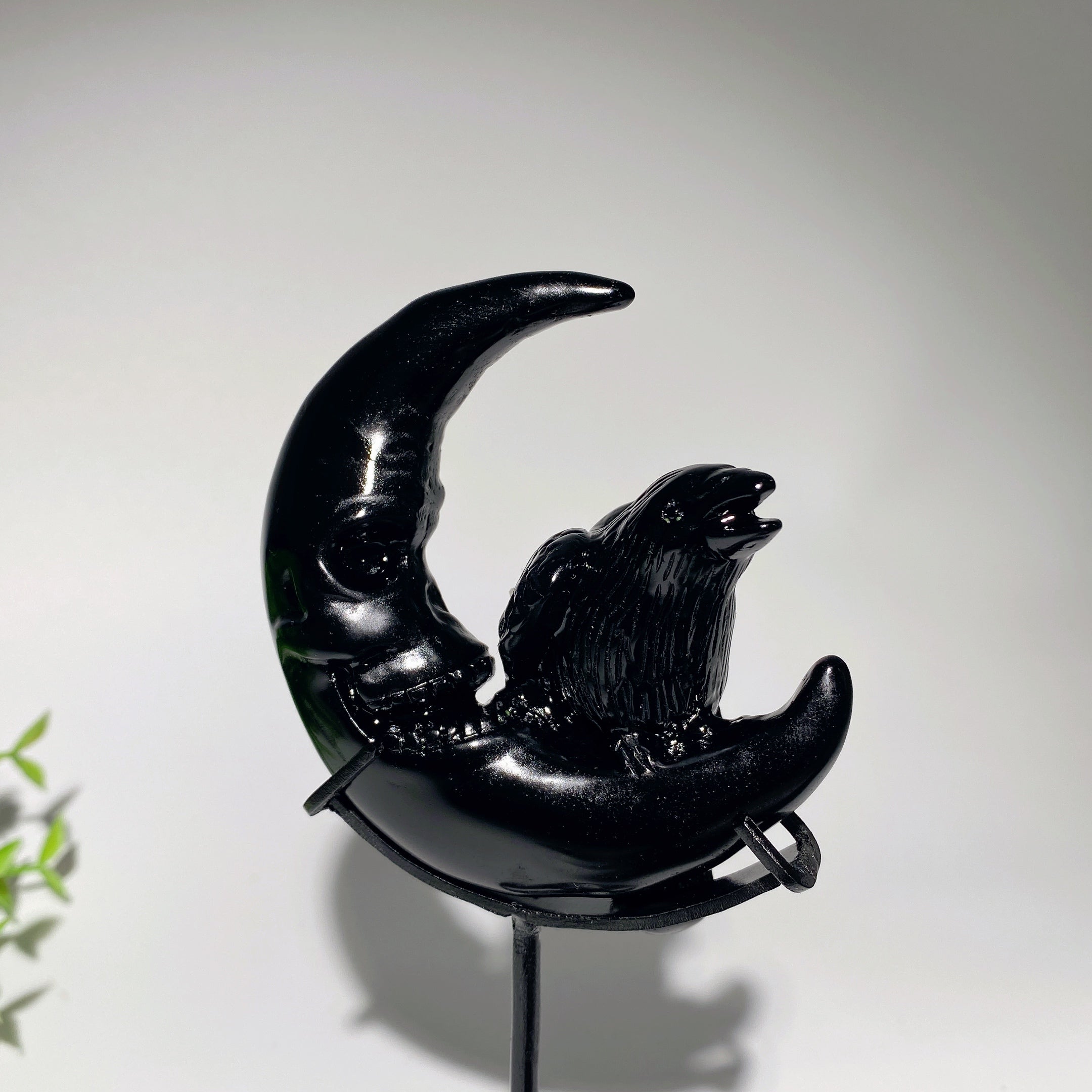 3.3 inch Black Obsidian Moon Face Raven Crystal Figurine with Stand