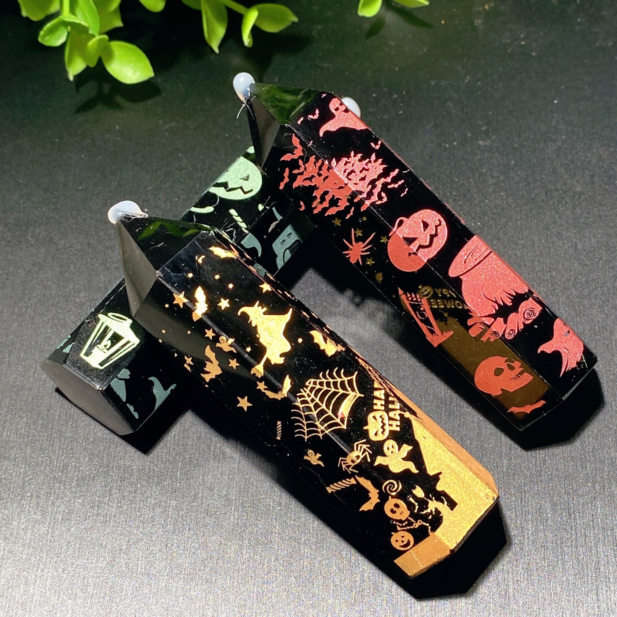 3.3in Black Obsidian Crystal Point with Halloween Printing