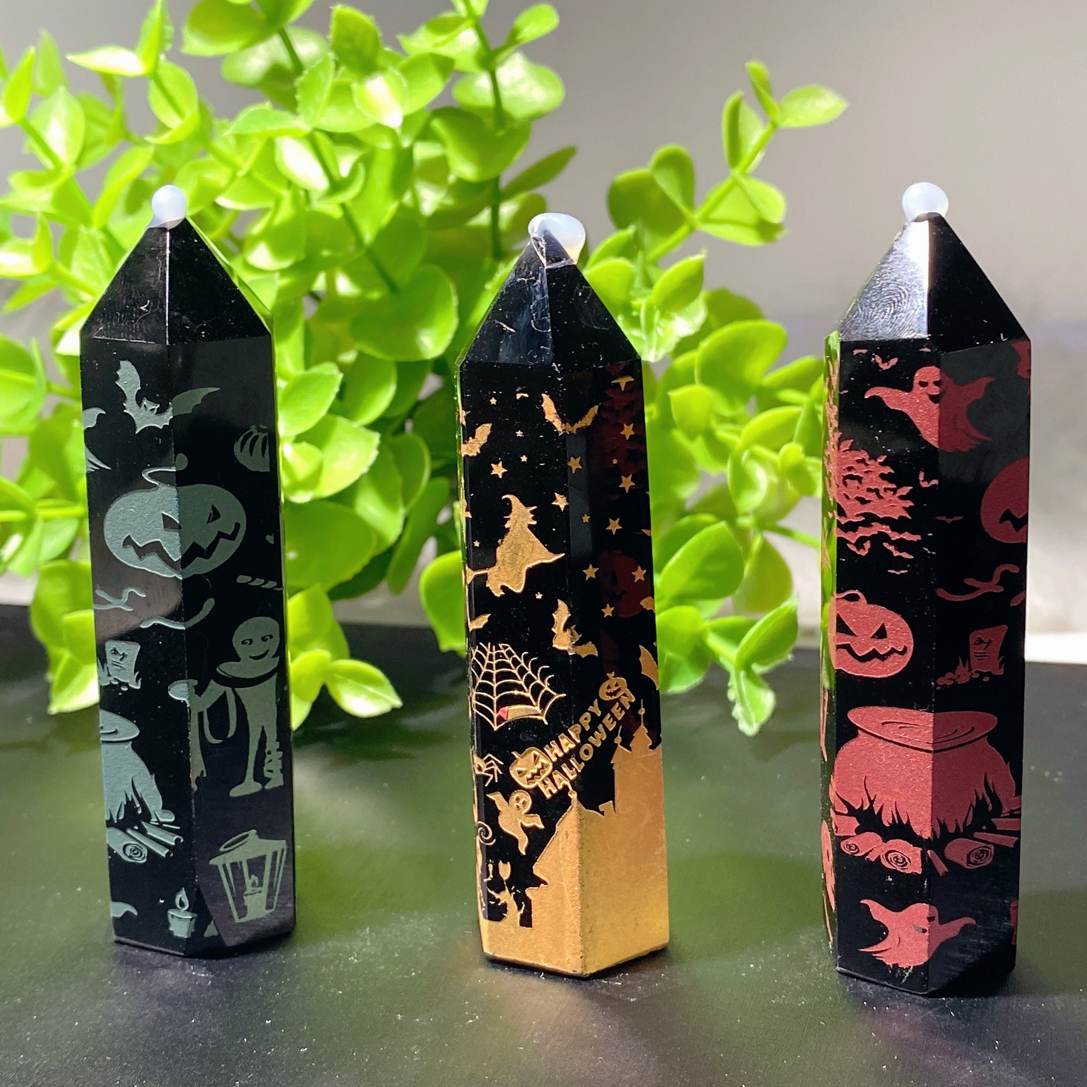 3.3in Black Obsidian Crystal Point with Halloween Printing