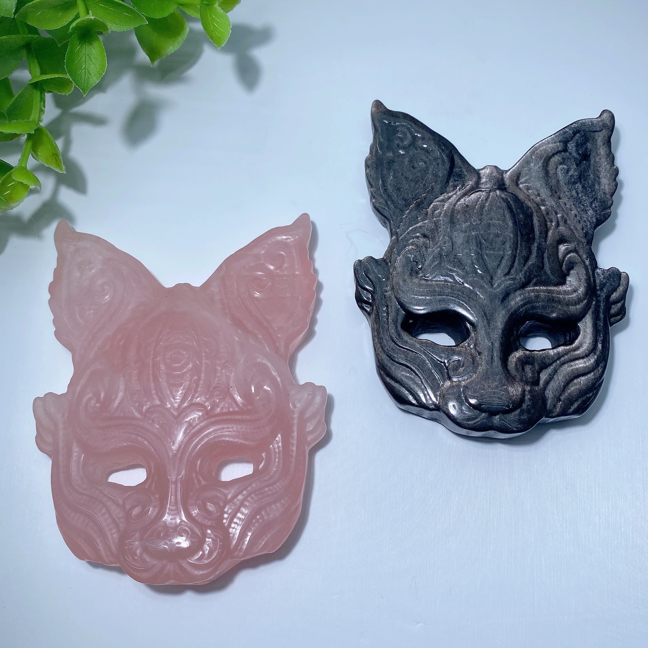 3.3in Rose Quartz & Obsidian Cat Mask Crystal Carving