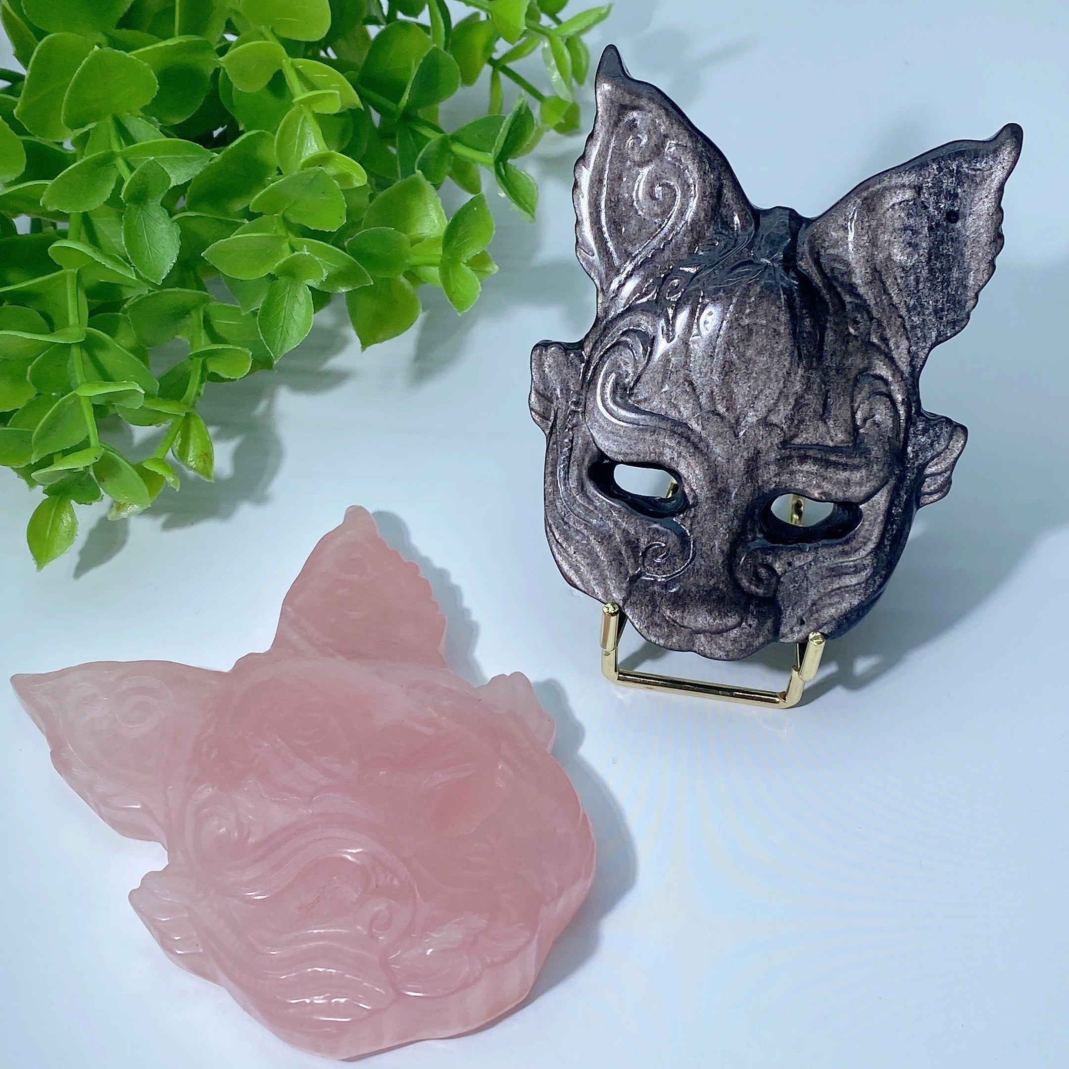 3.3in Rose Quartz & Obsidian Cat Mask Crystal Carving