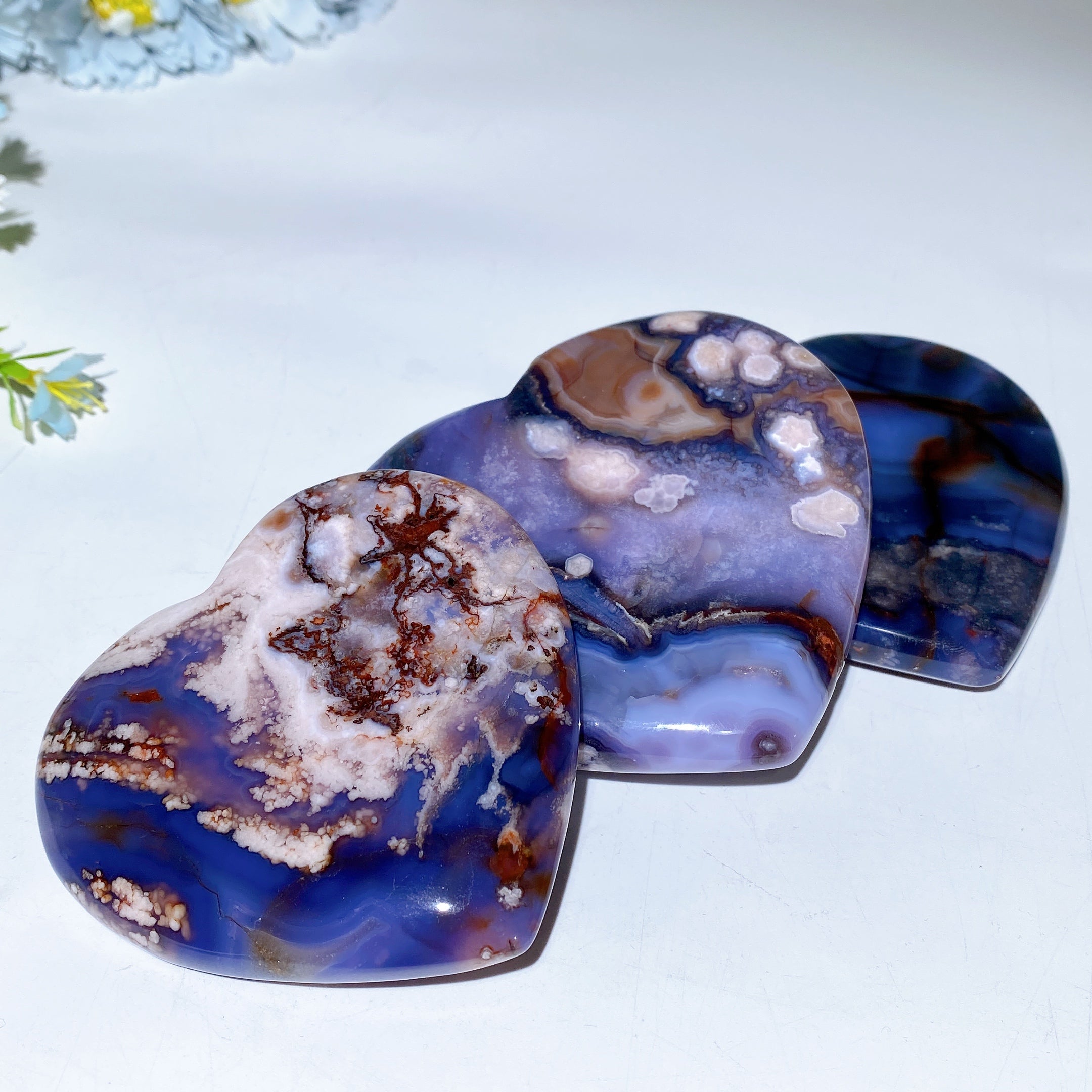 3 to 4 Inch Blue Flower Agate Heart Crystal for Healing