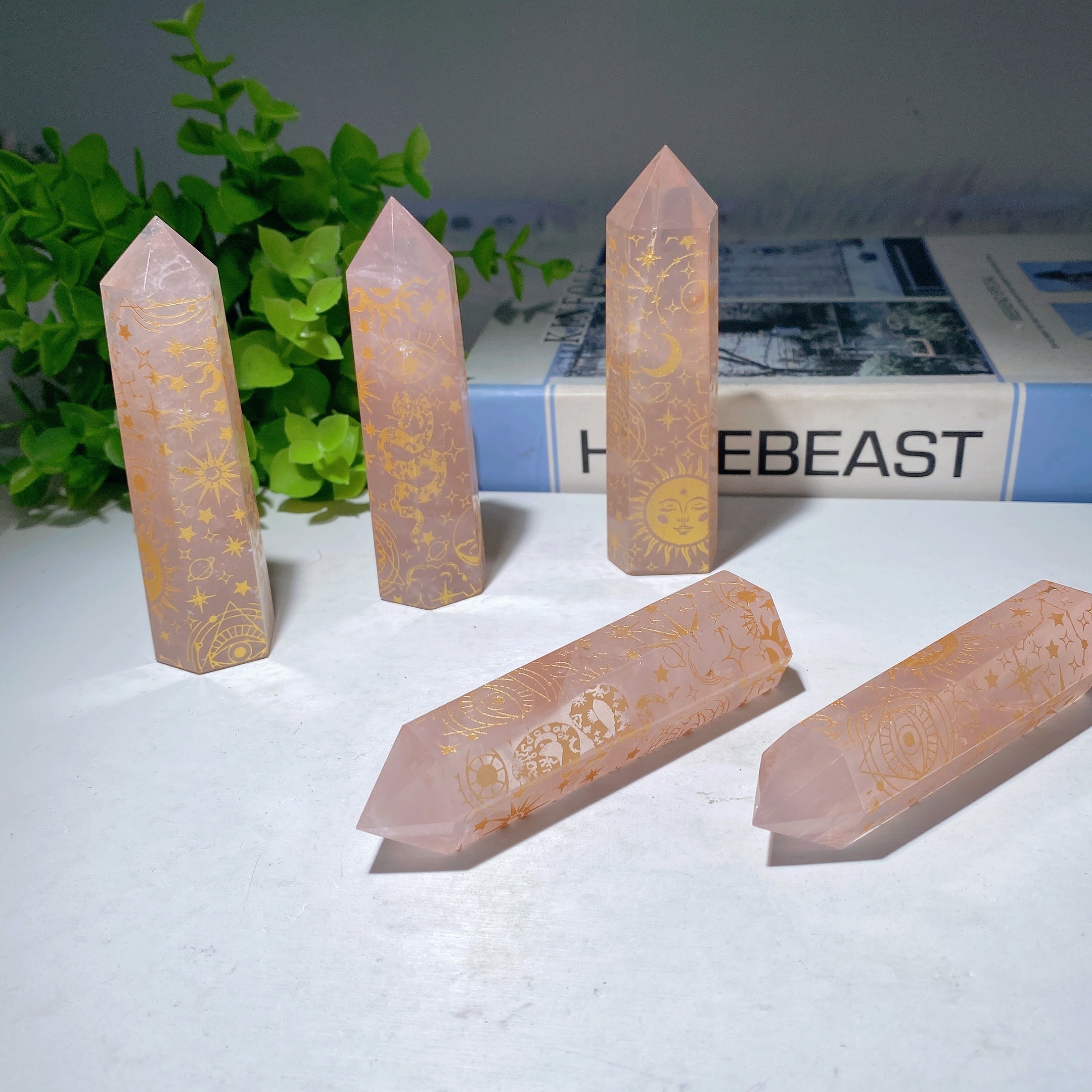 3.5"-4.0" Rose Quartz Crystal Point with Celestial Printing