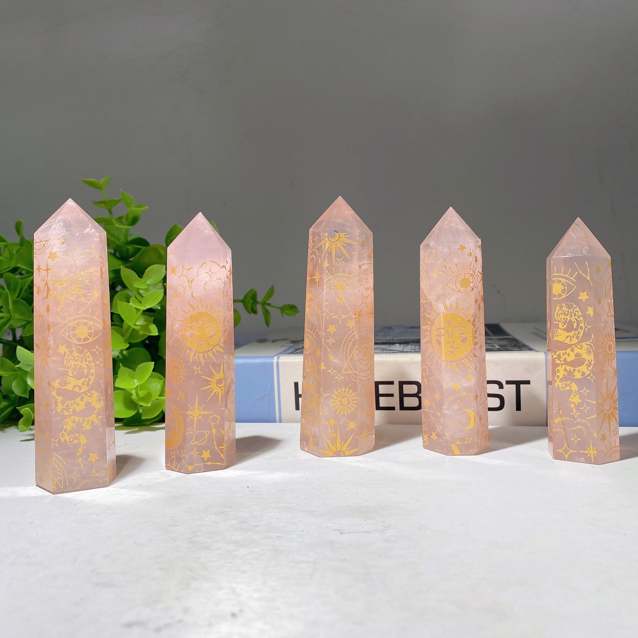 3.5"-4.0" Rose Quartz Crystal Point with Celestial Printing
