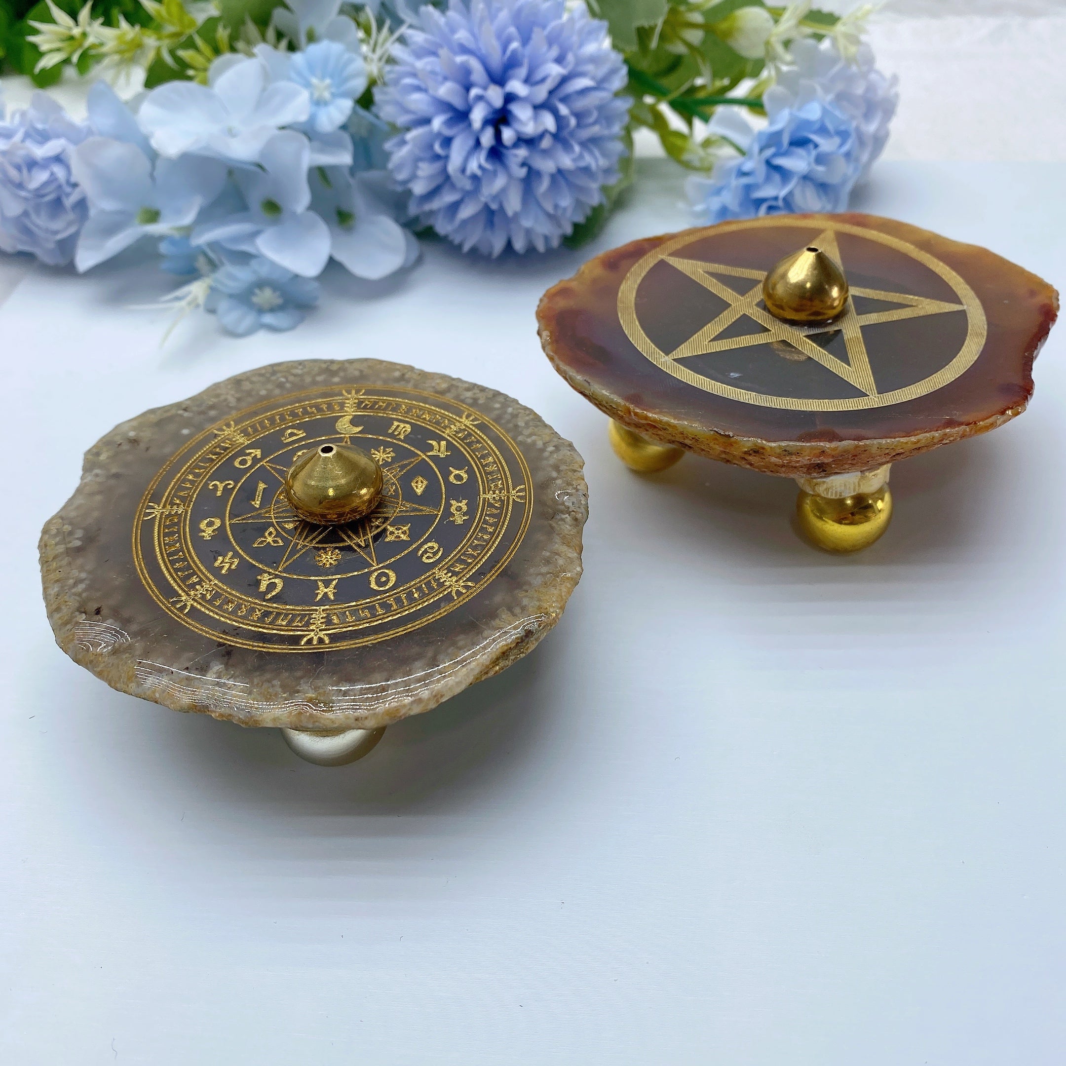 3.5-inch Agate Incense Holder with Compass or Star Design