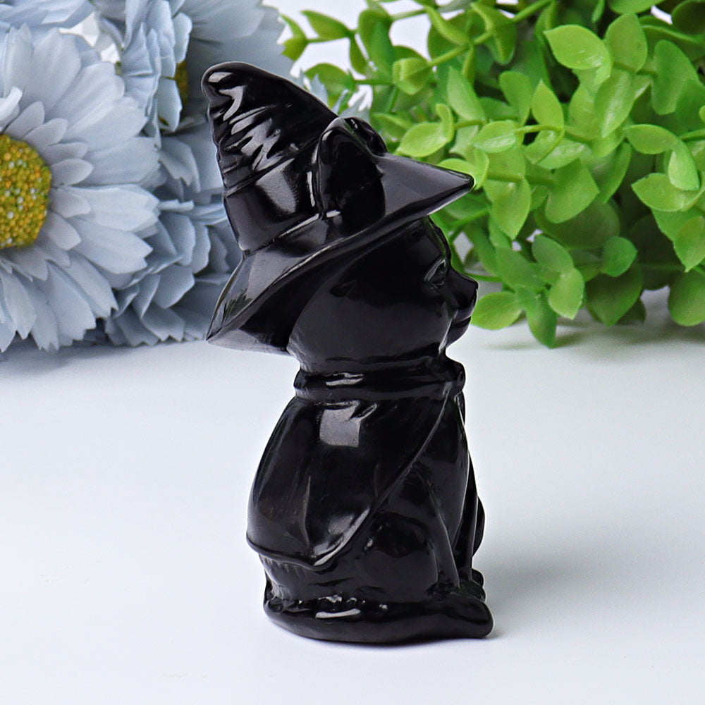 3.5 Inch Black Obsidian Cat Crystal Figurine with Witch Hat