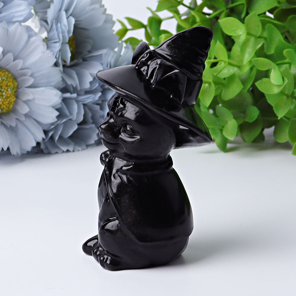 3.5 Inch Black Obsidian Cat Crystal Figurine with Witch Hat