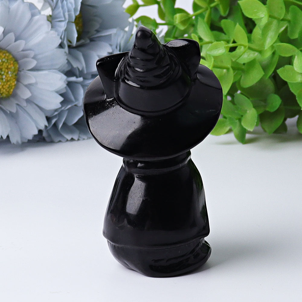 3.5 Inch Black Obsidian Cat Crystal Figurine with Witch Hat