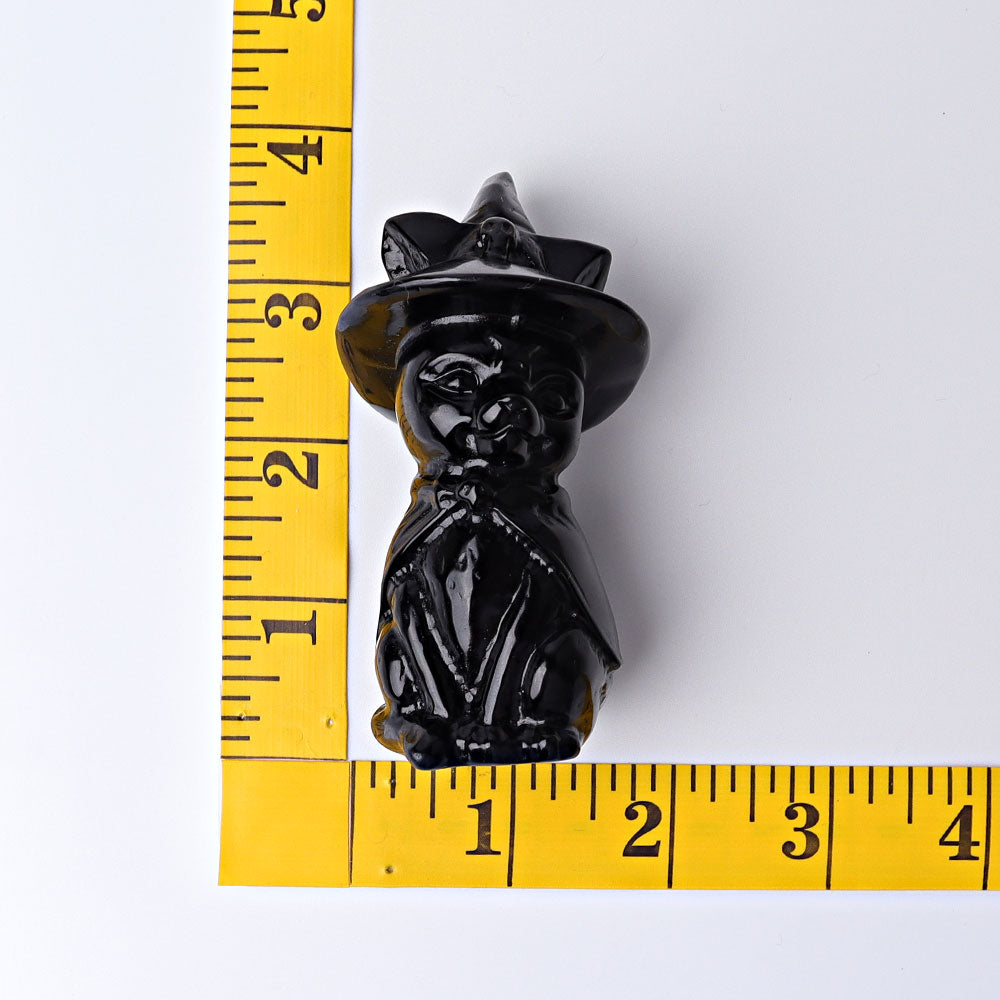 3.5 Inch Black Obsidian Cat Crystal Figurine with Witch Hat