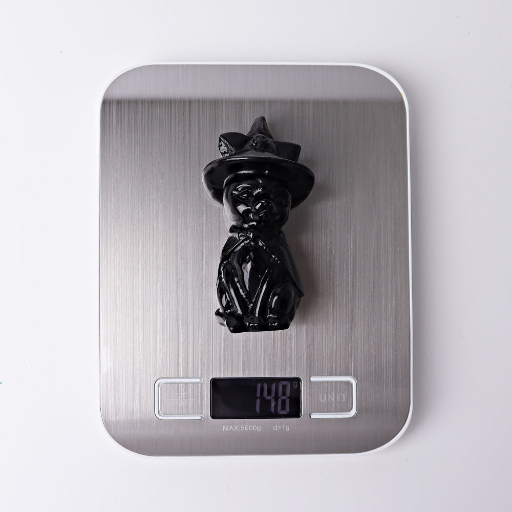 3.5 Inch Black Obsidian Cat Crystal Figurine with Witch Hat