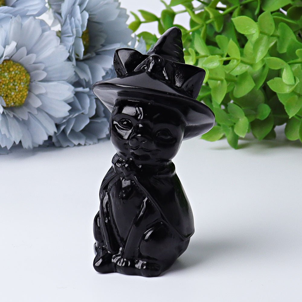 3.5 Inch Black Obsidian Cat Crystal Figurine with Witch Hat