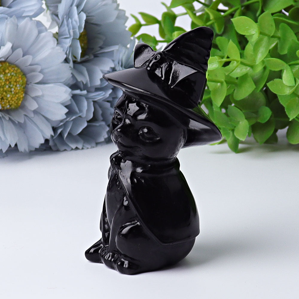 3.5 Inch Black Obsidian Cat Crystal Figurine with Witch Hat