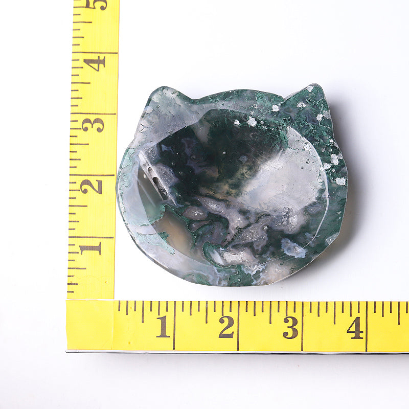 3.5 inch Moss Agate Cat Head Crystal Bowl Figurine