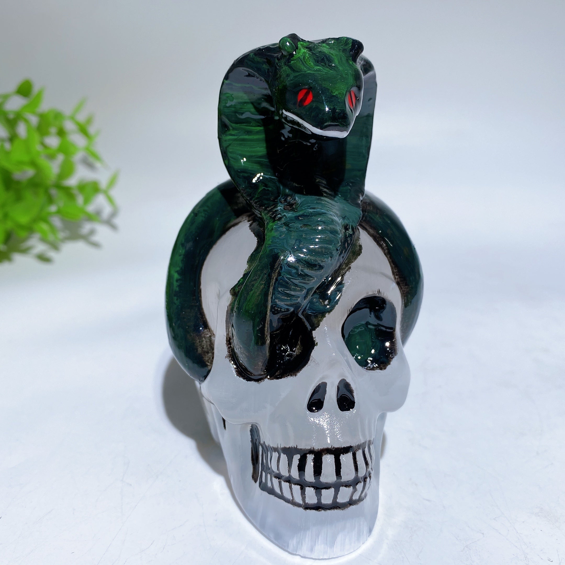 3.8 Inch Selenite Skull with Hand Painted Snake | Crystal Healing