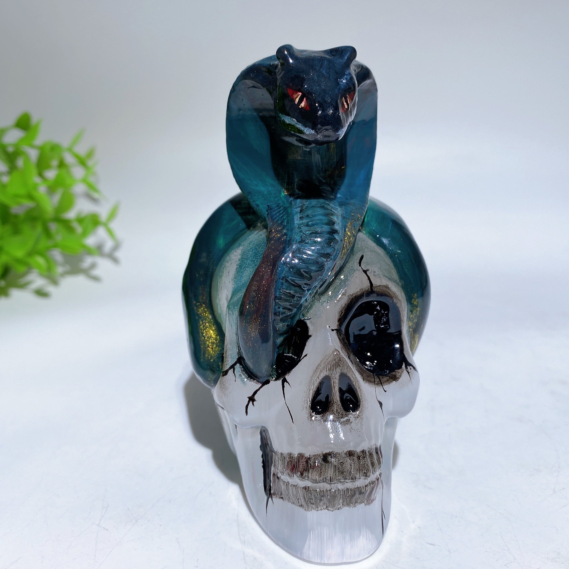 3.8 Inch Selenite Skull with Hand Painted Snake | Crystal Healing