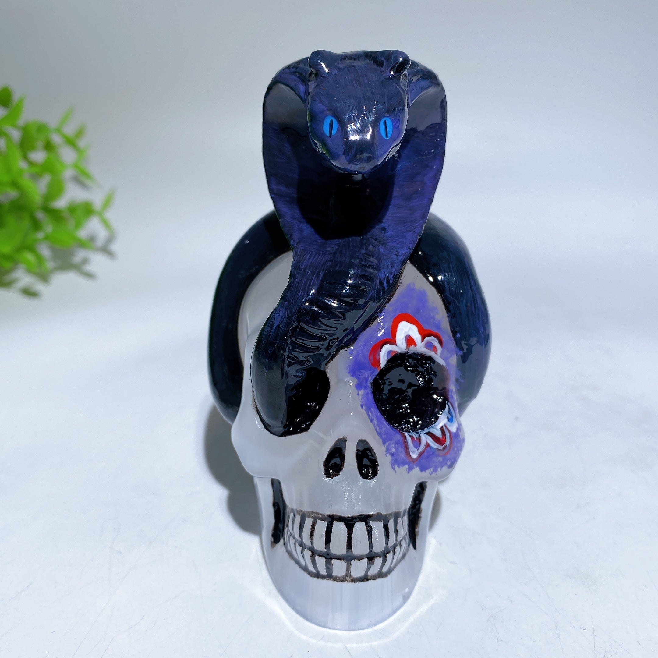 3.8 Inch Selenite Skull with Hand Painted Snake | Crystal Healing