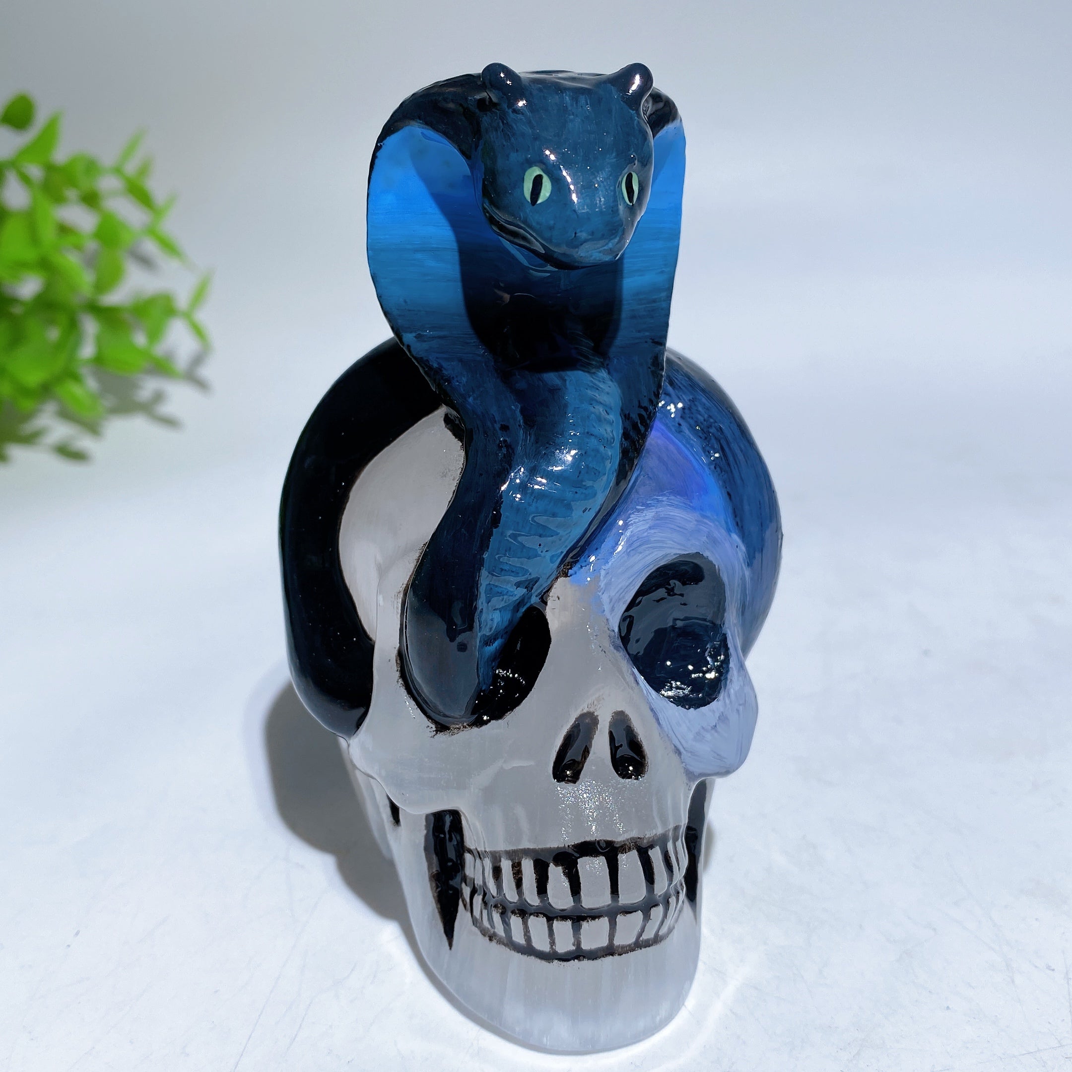 3.8 Inch Selenite Skull with Hand Painted Snake | Crystal Healing