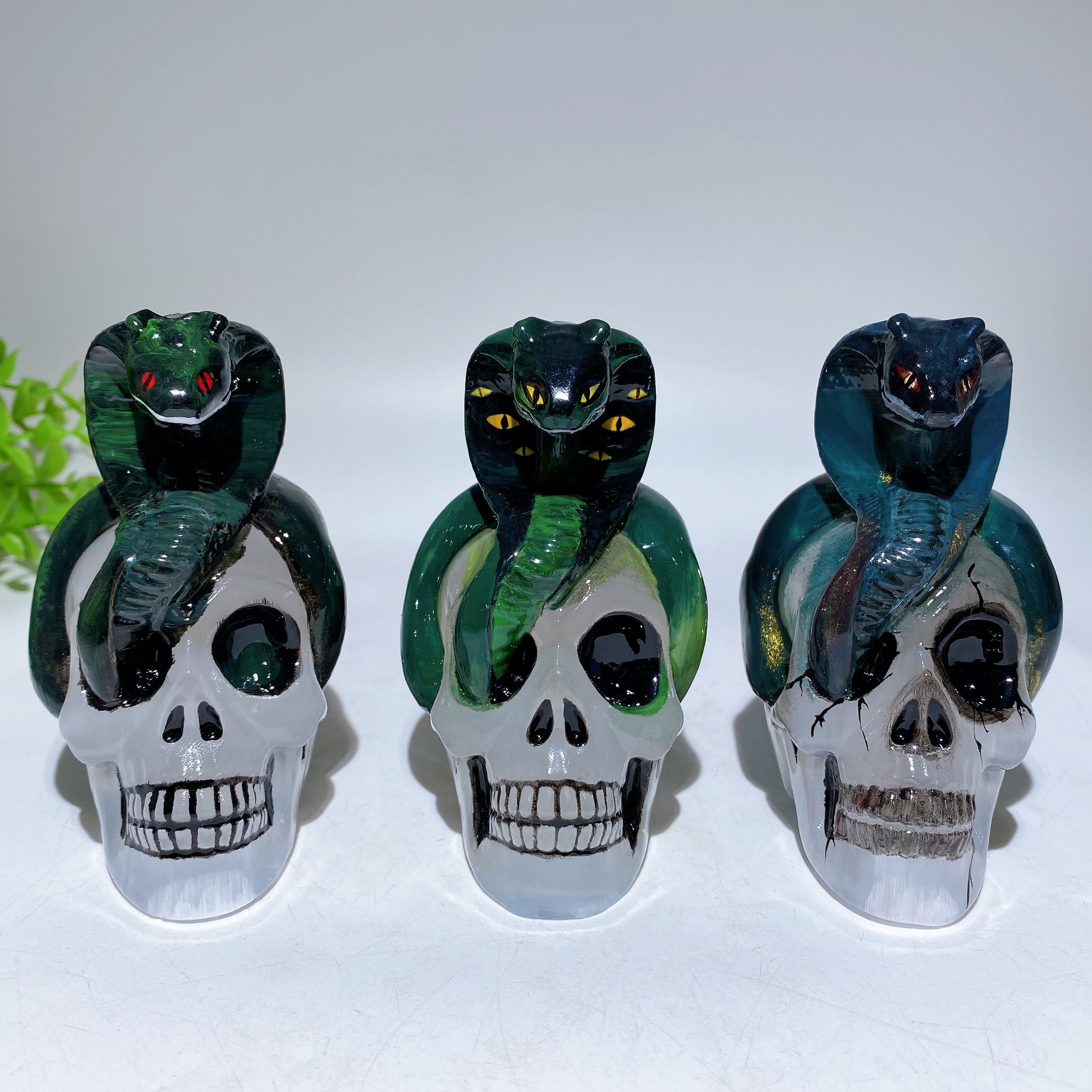 3.8 Inch Selenite Skull with Hand Painted Snake | Crystal Healing