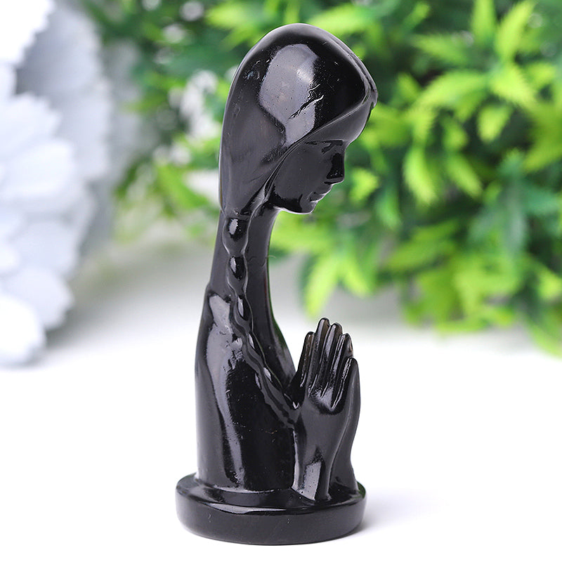 3-inch Black Obsidian Woman Prayer Crystal Figurine