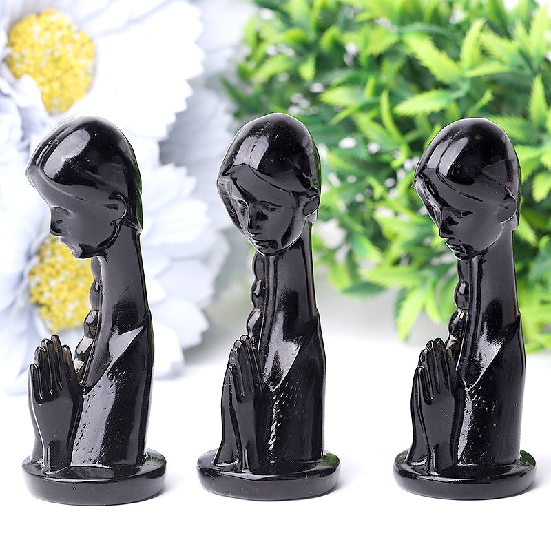 3-inch Black Obsidian Woman Prayer Crystal Figurine