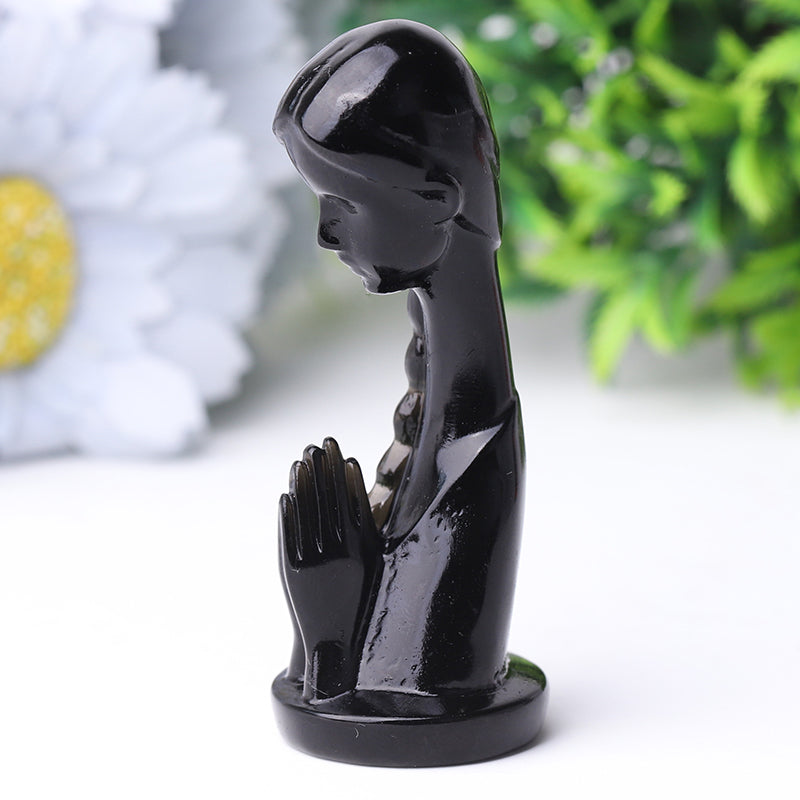 3-inch Black Obsidian Woman Prayer Crystal Figurine