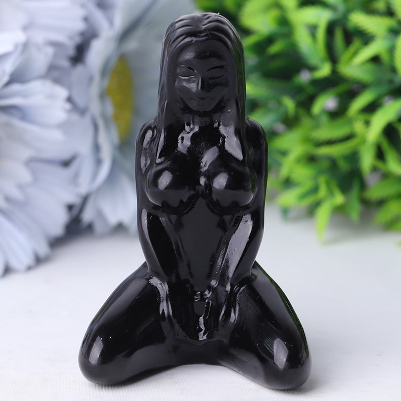 3-Inch Black Obsidian Yoga Lady Crystal Figurine