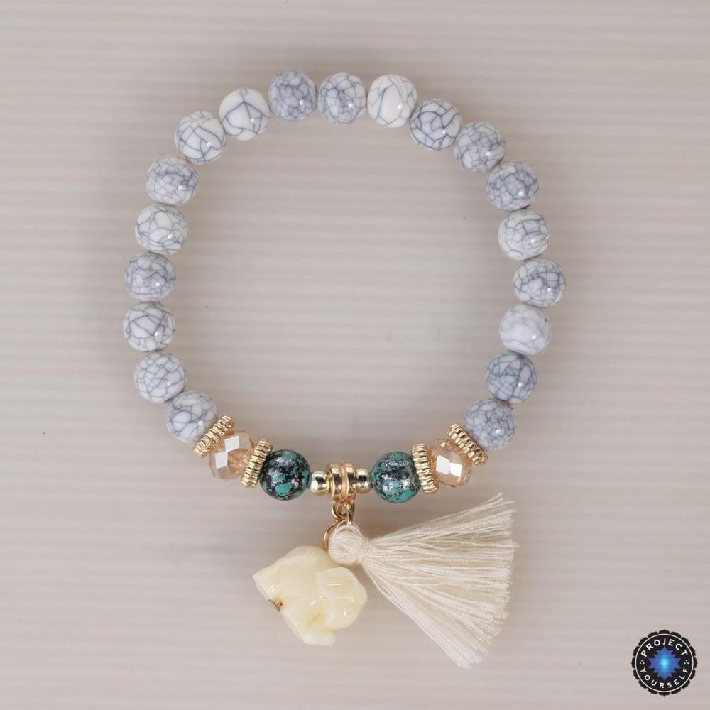 3-Piece Stone and Wood Beads Elephant Charm Boho Bracelet Set