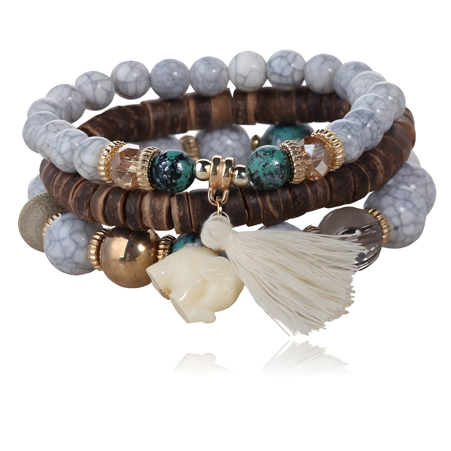 3-Piece Stone and Wood Beads Elephant Charm Boho Bracelet Set