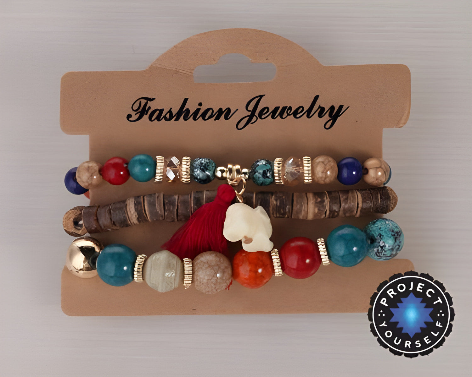 3-Piece Stone and Wood Beads Elephant Charm Boho Bracelet Set
