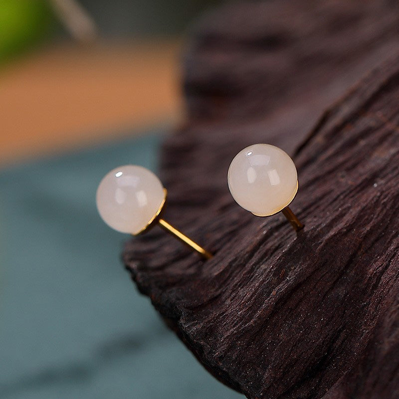 925 Sterling Silver White Jade Blessing Stud Earrings 6mm to 10mm