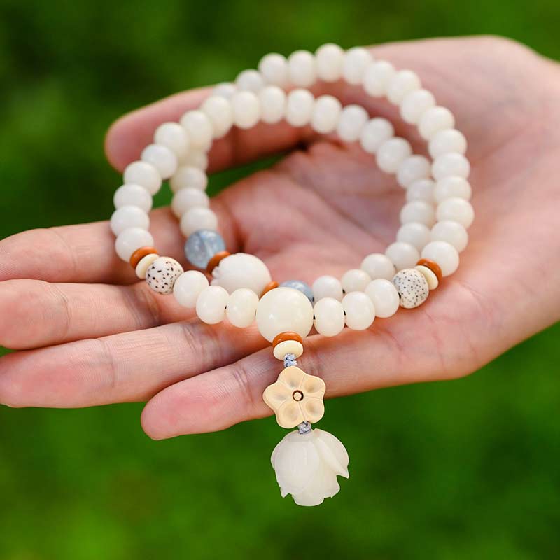 Unisex Lotus Bracelet with White Jade, Bodhi Seed & Blessings