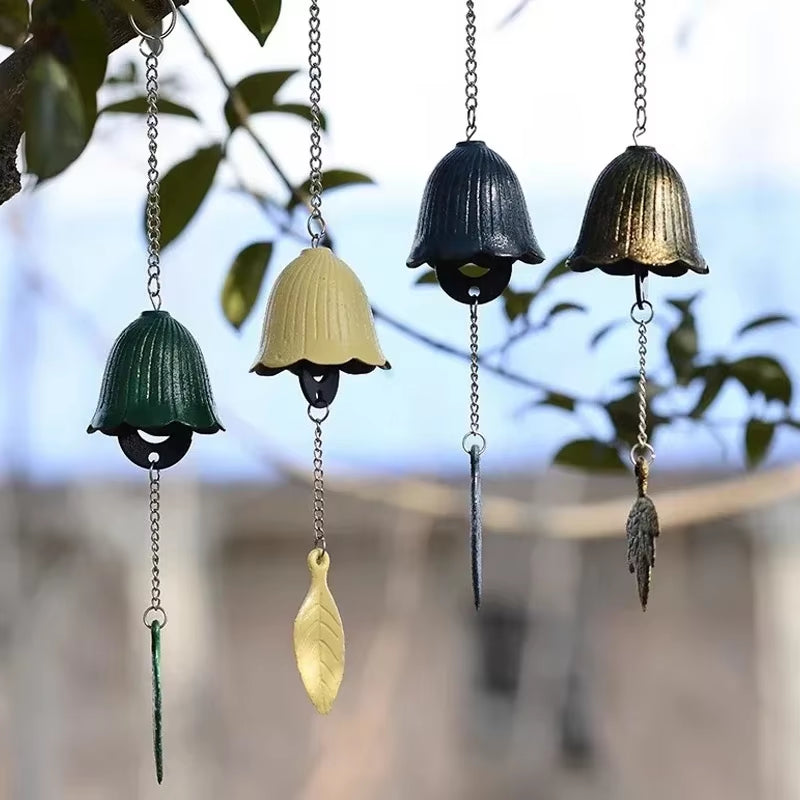 Bell-shaped Japanese Iron Wind Chimes with leaf decorations for outdoor garden decor