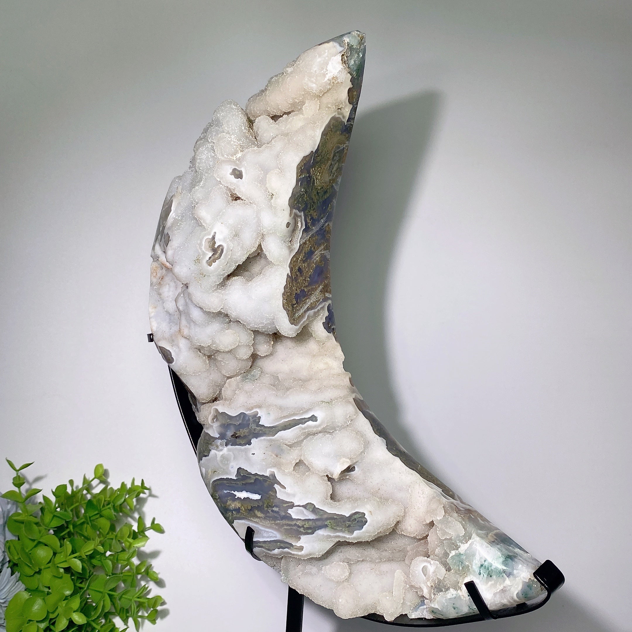 30cm Druzy Moss Agate Moon Carving Crystal Shape for Healing