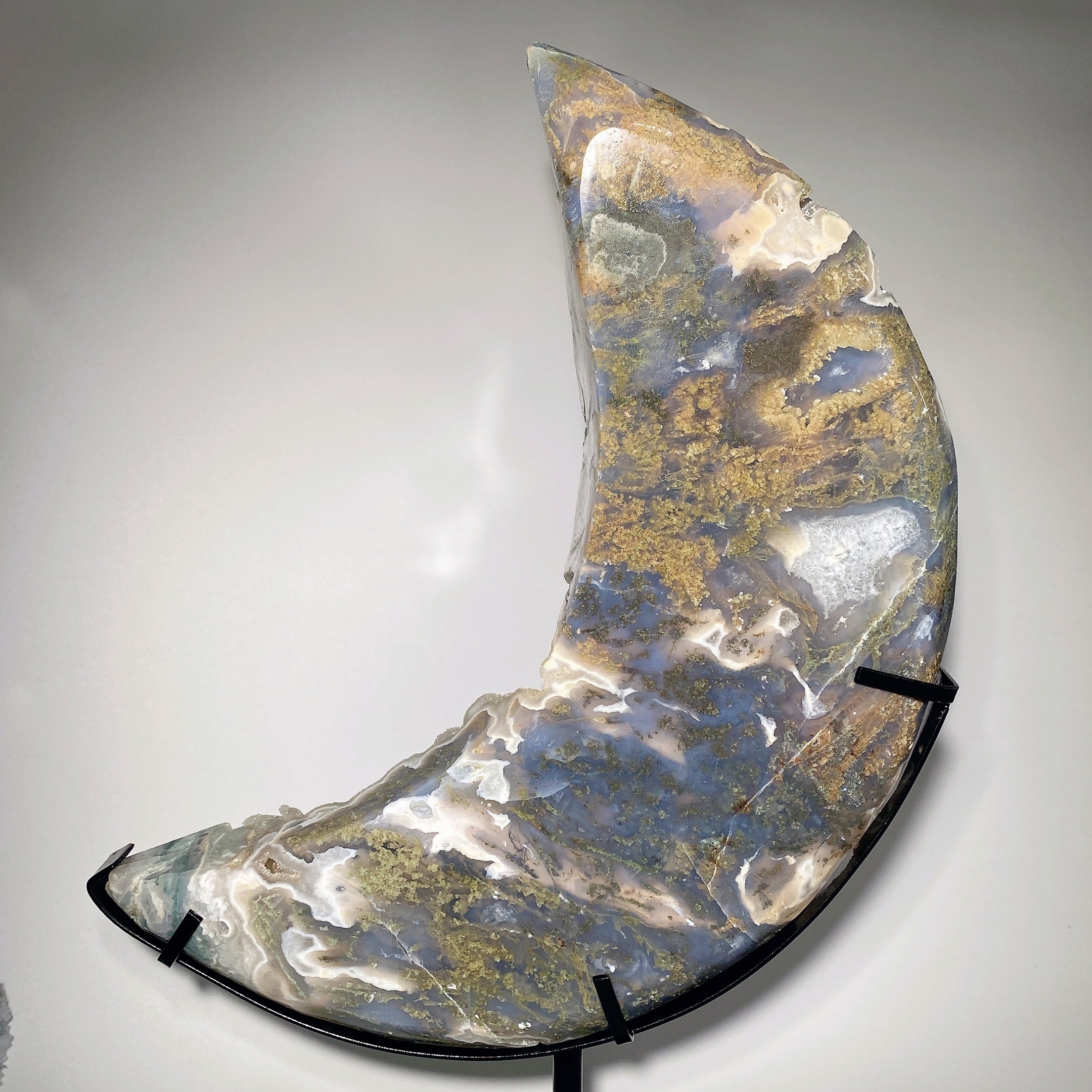 30cm Druzy Moss Agate Moon Carving Crystal Shape for Healing